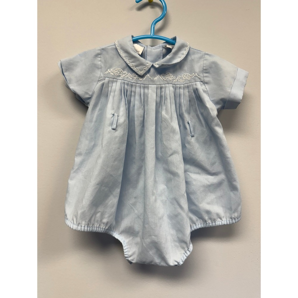 Vintage Croissant Baby Boy Blue Embroidered Turtle Romper Scalloped Collar 3-6M